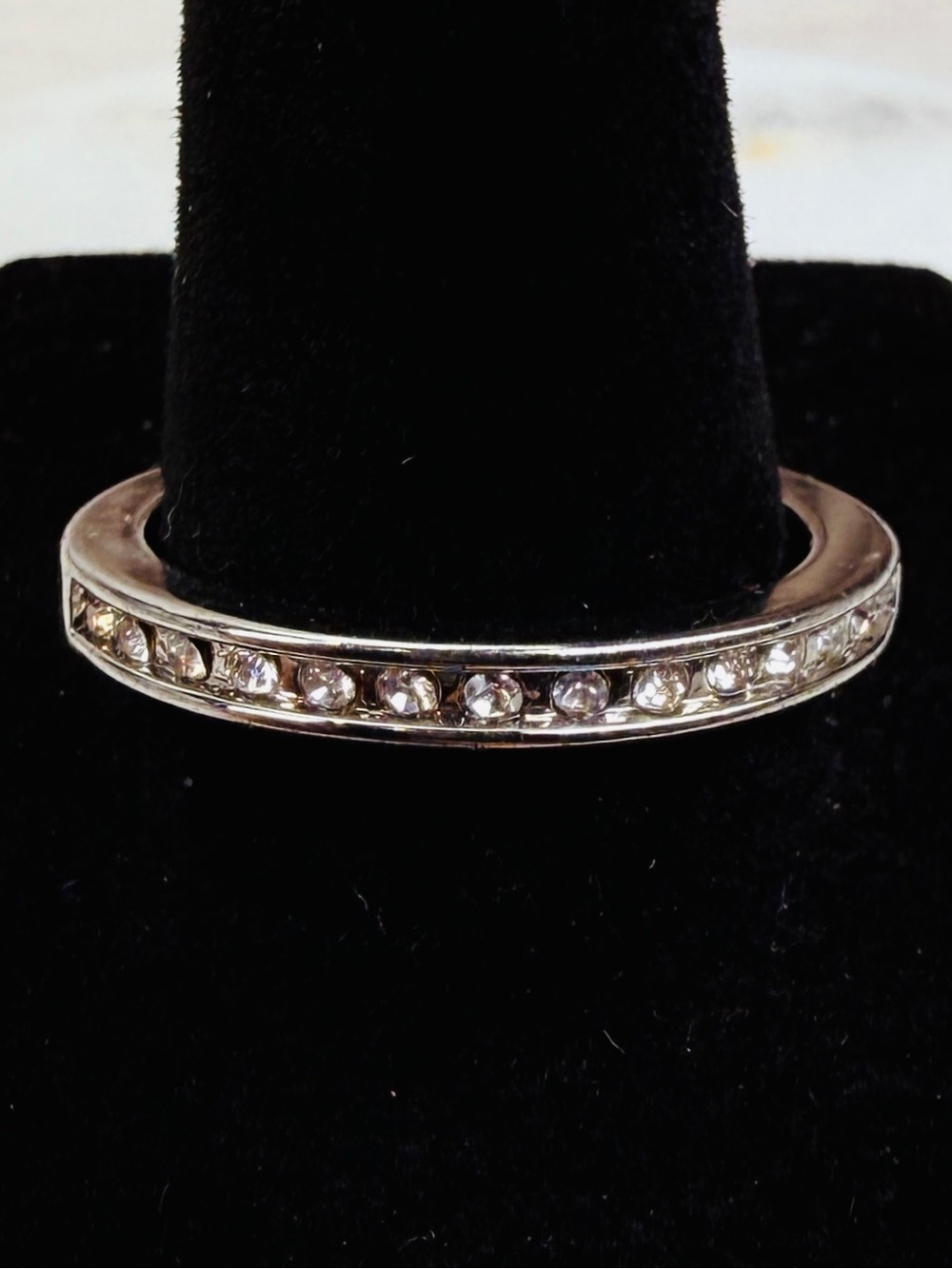 Silver Tone Clear Rhinestone Channel Band Ring Size 9 Estate Jewelry